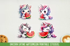 Unicorn eating watermelon printable stickers. PNG, JPG. Product Image 1