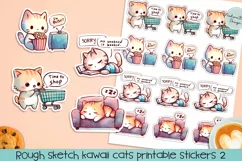 Rough sketch kawaii cats printable stickers 2. PNG. Product Image 1