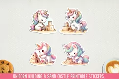 Unicorn building a sand castle stickers. PNG, JPG. Product Image 1