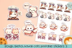Rough sketch kawaii cats printable stickers 3. PNG. Product Image 1