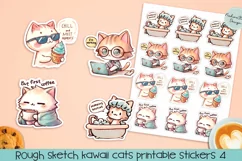 Rough sketch kawaii cats printable stickers 4. PNG. Product Image 1