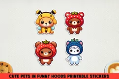 Cute pets in funny hoods printable stickers|Kawaii animals. Product Image 1
