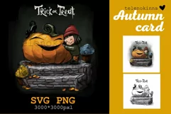 Helloween card PNG| little girl hugging a smiling pumpkin Product Image 1