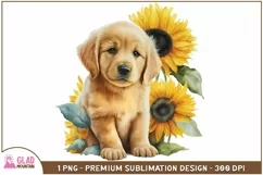 Golden Retriever watercolor puppy sunflower sublimation png Product Image 1