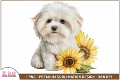 Maltese watercolor puppy sunflower sublimation, puppy png Product Image 1