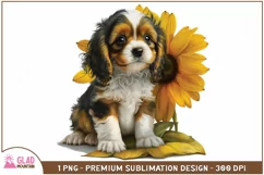 King Cavalier sunflower sublimation png, puppy watercolor Product Image 1