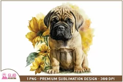 Bullmastiff puppy sunflower sublimation png, watercolor dog Product Image 1