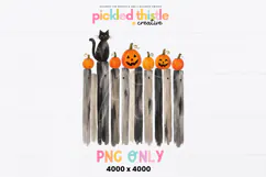 Vintage-inspired Halloween PNG featuring a black cat with pointed ears and yellow eyes, surrounded by orange pumpkins in a charming country folk art style.