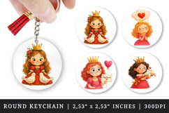 Princess round keychain pintable sublimation design png Product Image 1