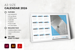Editable A3 landscape calendar template for 2026 with monthly planner layout  