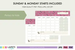 Boho kids monthly calendar in pink, sage green and cream with arrow and feather pattern