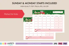 Christmas monthly calendar with festive train illustration and Sunday and Monday start options