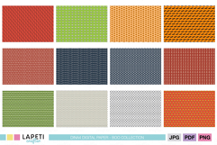 Preview of 12 coordinated Halloween digital papers with repeating patterns of pumpkins, ghosts, bats, spooky eyes, and trick-or-treat phrases in bright Halloween colors.