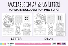 Halloween kids activity sheet with word search maze and math challenge