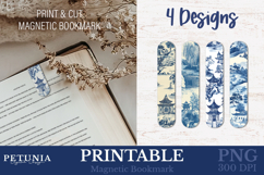 Printable Chinoiserie bookmarks being used as trendy magnetic bookmarks prints and cut with cricut