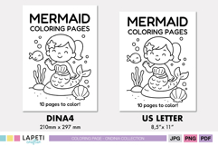 Mermaid coloring pages available in A4 and US Letter sizes, easy to print at home or school.