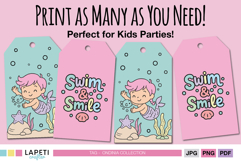 Under the sea themed tags shown printed and cut, ready to use for mermaid party decorations or gifts.