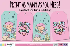 Under the sea themed tags shown printed and cut, ready to use for mermaid party decorations or gifts.