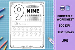 9 Numeral nine printable number tracing worksheet Product Image 1