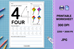 4 Four trace counting printable number tracing worksheet Product Image 1