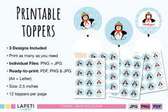 Printable penguin party toppers set with 3 designs in blue and white, perfect for winter celebrations and kids’ Christmas parties.