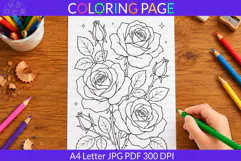 Rose coloring page A4 Letter JPG PDF Product Image 1