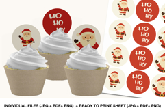 Printable Santa cupcake toppers featuring “Ho Ho Ho” design, perfect for kids Christmas parties, desserts, and festive treats.