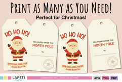 Cute printable Santa tags with “Ho Ho Ho” and North Pole text, ready to print and ideal for kids Christmas gifts or party favors.