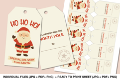 Printable Santa gift tags featuring “Ho Ho Ho” and “Special Delivery from Santa”, cute Christmas design for kids and presents.