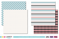 Printable scrapbook backgrounds in pink, blue and neutral color palette.