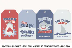 Printable shark party favor tags with four playful ocean-themed thank you designs