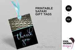 Printable Safari Party Tags featuring bright coloured text and real animal skin