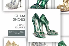 Green Silver Gold Prom Shoes | Watercolour Clipart JPG Product Image 1