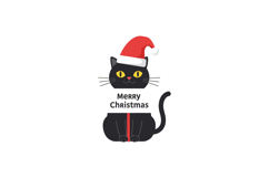 Black cat wearing a red Santa hat holding a sign reading Mer Product Image 1