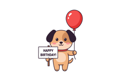 Cute dog holding a birthday sign and a red balloon in a flat Product Image 1