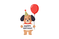 Happy birthday dog wearing a party hat holding a red balloon Product Image 1