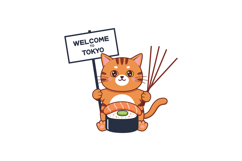Cute orange cat holding sushi with chopsticks and a welcome Product Image 1