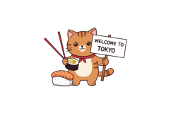 Cute cat holding sushi and a welcome sign in flat vector art Product Image 1