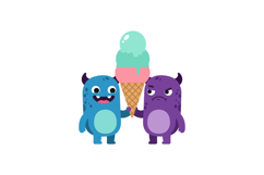 Two playful cartoon monsters sharing a large ice cream cone Product Image 1