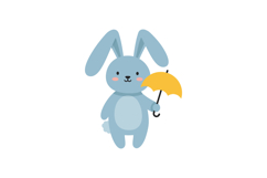 Cute blue rabbit holding a yellow umbrella in a playful flat Product Image 1