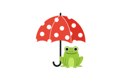 A cheerful green frog sitting under a red polka dot umbrella Product Image 1