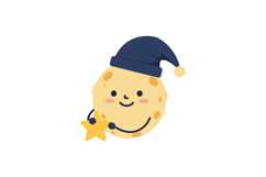 A cheerful moon character wearing a blue hat holding a yello Product Image 1