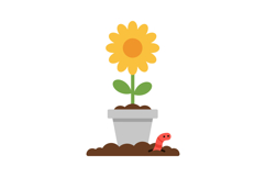 Bright sunflower blooming in a grey pot with soil and a red Product Image 1