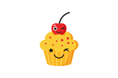 Cheerful cupcake with a cherry on top, smiling face, flat de Product Image 1