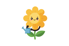 Cheerful flower character holding a watering can in a flat, Product Image 1