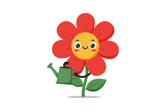 Cheerful flower character watering itself with a green water Product Image 1