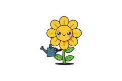 Cheerful yellow flower with a watering can in a flat and min Product Image 1