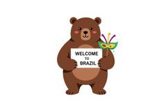 Cute brown bear holding a welcome sign and colorful mask in Product Image 1