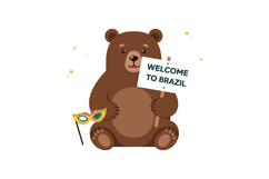 Cute brown bear holding a welcome sign and carnival mask in Product Image 1