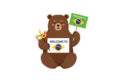 A cheerful bear holding a welcome sign and carnival mask in Product Image 1